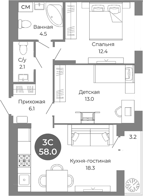 Планировка 3е-к.кв 56.40 м² в ЖК «Квартал на Российской»