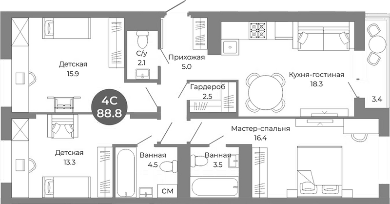 Планировка 4е-к.кв 87.10 м² в ЖК «Квартал на Российской»
