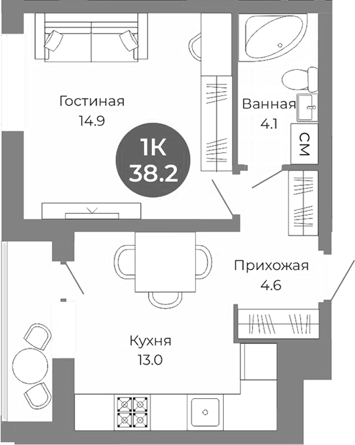 Планировка 1-к.кв 38.20 м² в ЖК «Квартал на Российской»