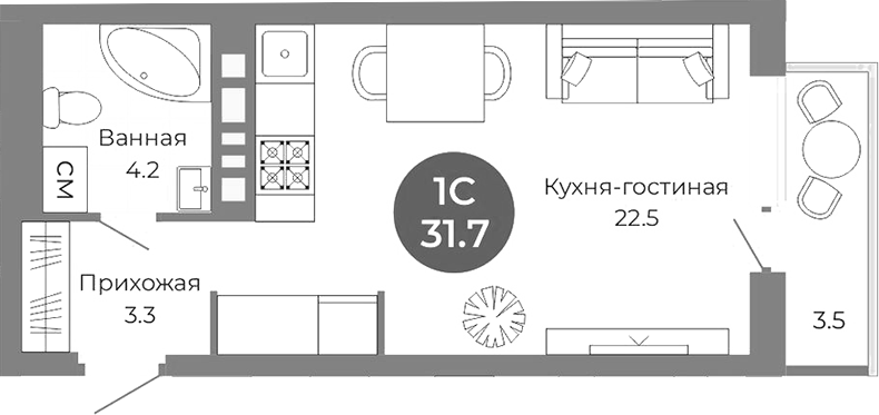 Планировка студии 30.00 м² в ЖК «Квартал на Российской»