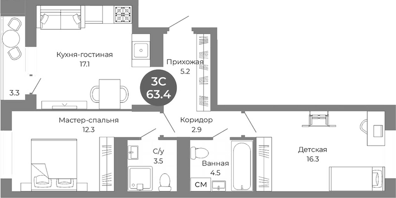 Планировка 3е-к.кв 61.80 м² в ЖК «Квартал на Российской»