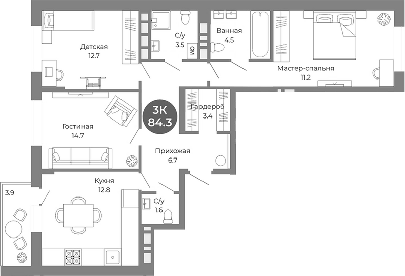 Планировка 3-к.кв 82.35 м² в ЖК «Квартал на Российской»