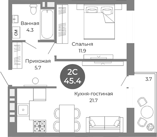 Планировка 2е-к.кв 43.60 м² в ЖК «Квартал на Российской»