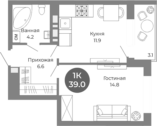 Планировка 1-к.кв 37.50 м² в ЖК «Квартал на Российской»