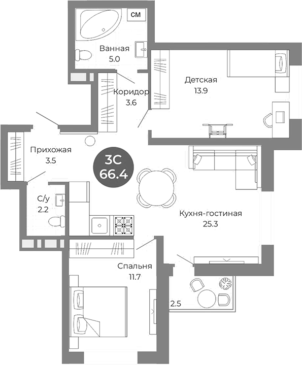 Планировка 3е-к.кв 65.20 м² в ЖК «Квартал на Российской»