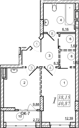 Планировка 1-к.кв 38.15 м² в ЖК «Астон. Шесть Звезд»