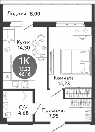Планировка 2е-к.кв 42.16 м² в ЖК «Семейный квартал»
