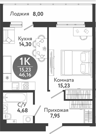 Планировка 2е-к.кв 42.16 м² в ЖК «Семейный квартал»
