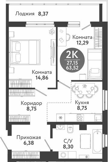 Планировка 2-к.кв 59.34 м² в ЖК «Семейный квартал»