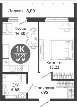 Планировка 1-к. квартира 42.16 м² в ЖК «Семейный квартал»