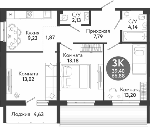 Планировка 3-к.кв 64.56 м² в ЖК «Семейный квартал»