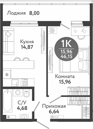 Планировка 1-к.кв 42.15 м² в ЖК «Семейный квартал»