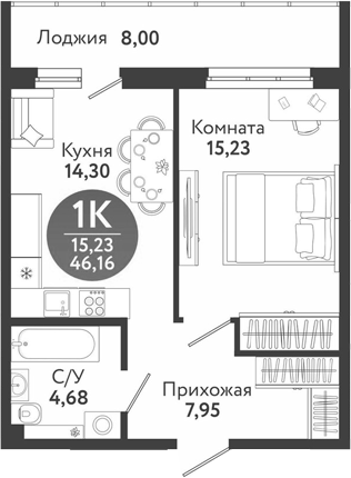 Планировка 1-к. квартира 42.16 м² в ЖК «Семейный квартал»