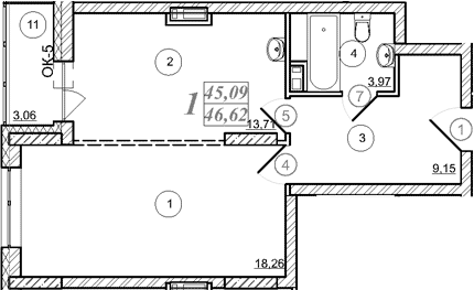 Планировка 1-к.кв 45.06 м² в ЖК «Астон. Шесть Звезд»