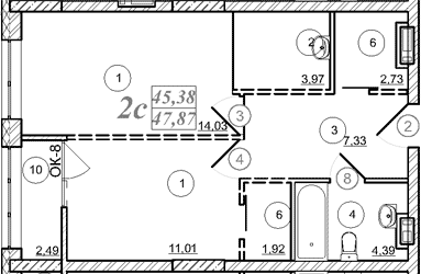 Планировка 2е-к.кв 45.38 м² в ЖК «Астон. Шесть Звезд»