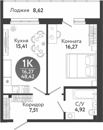 Планировка 1-к. квартира 44.11 м² в ЖК «Семейный квартал»
