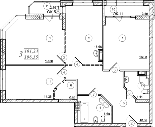 Планировка 3-к.кв 101.37 м² в ЖК «Астон. Шесть Звезд»