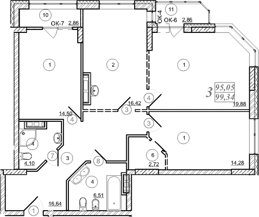Планировка 3-к.кв 95.09 м² в ЖК «Астон. Шесть Звезд»