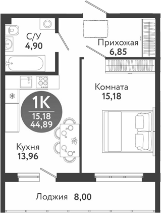 Планировка 1-к. квартира 40.89 м² в ЖК «Семейный квартал»