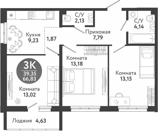 Планировка 3-к. квартира 64.51 м² в ЖК «Семейный квартал»