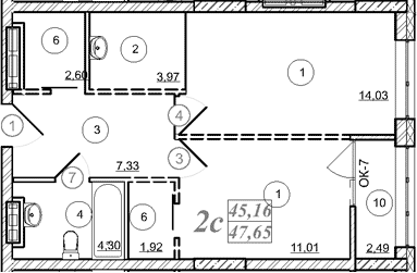 Планировка 2е-к.кв 45.16 м² в ЖК «Астон. Шесть Звезд»