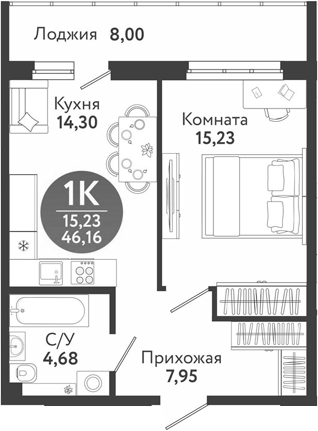 Планировка 1-к. квартира 42.16 м² в ЖК «Семейный квартал»