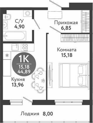Планировка 2е-к.кв 40.89 м² в ЖК «Семейный квартал»