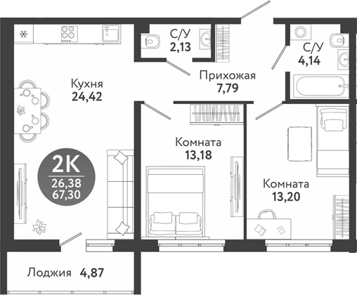 Планировка 3е-к.кв 64.86 м² в ЖК «Семейный квартал»