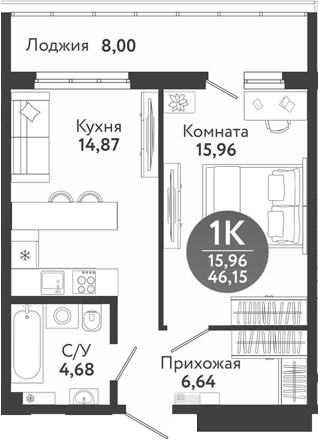 Планировка 2е-к.кв 42.15 м² в ЖК «Семейный квартал»
