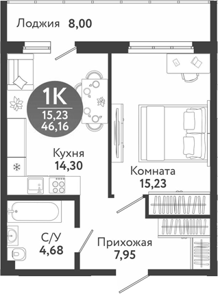 Планировка 2е-к.кв 42.16 м² в ЖК «Семейный квартал»