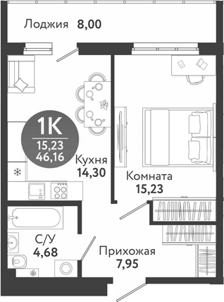 Планировка 2е-к.кв 42.16 м² в ЖК «Семейный квартал»