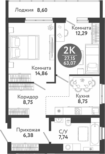 Планировка 2-к.кв 58.77 м² в ЖК «Семейный квартал»