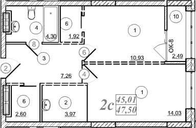Планировка 2е-к.кв 45.01 м² в ЖК «Астон. Шесть Звезд»