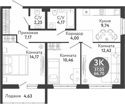 Планировка 3-к.кв 64.38 м² в ЖК «Семейный квартал»