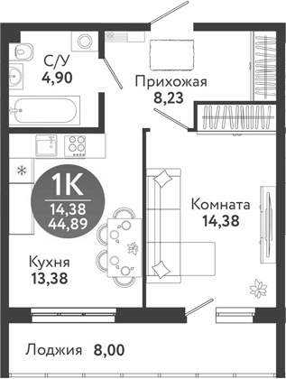 Планировка 2е-к.кв 40.89 м² в ЖК «Семейный квартал»