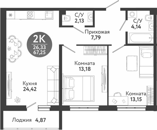 Планировка 3е-к.кв 64.81 м² в ЖК «Семейный квартал»