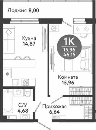 Планировка 2е-к.кв 42.15 м² в ЖК «Семейный квартал»