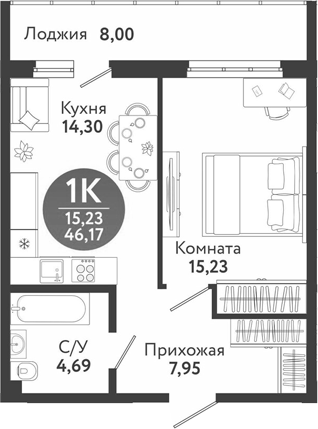 Планировка 2е-к.кв 42.17 м² в ЖК «Семейный квартал»
