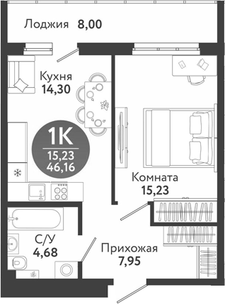 Планировка 2е-к.кв 42.16 м² в ЖК «Семейный квартал»