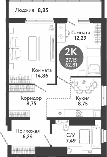 Планировка 2-к.кв 58.38 м² в ЖК «Семейный квартал»