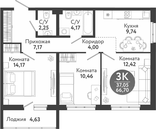 Планировка 3-к.кв 64.38 м² в ЖК «Семейный квартал»