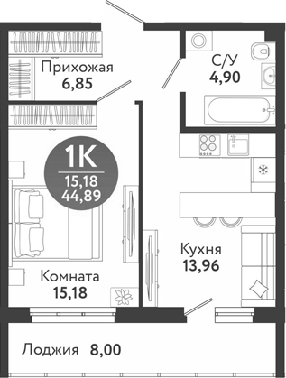 Планировка 2е-к.кв 40.89 м² в ЖК «Семейный квартал»