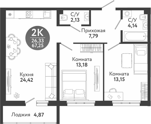 Планировка 3е-к.кв 64.81 м² в ЖК «Семейный квартал»