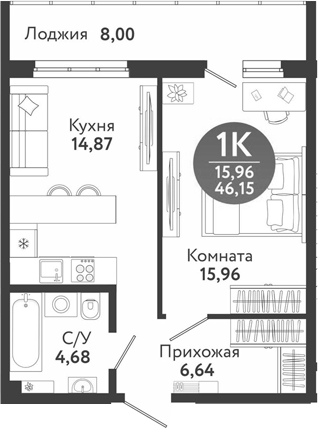 Планировка 2е-к.кв 42.15 м² в ЖК «Семейный квартал»