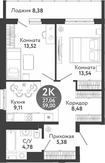 Планировка 2-к. квартира 54.81 м² в ЖК «Семейный квартал»