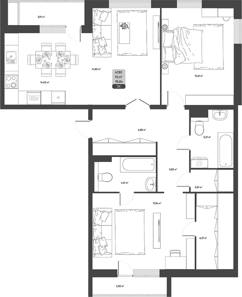 Планировка 3-к. квартира 92.46 м² в ЖК «ПараПарк. Томск»