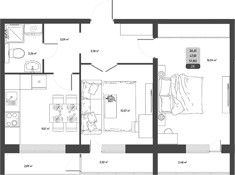 Планировка 2-к. квартира 47.80 м² в ЖК «ПараПарк. Томск»