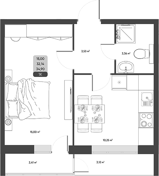 Планировка 1-к. квартира 32.13 м² в ЖК «ПараПарк. Томск»