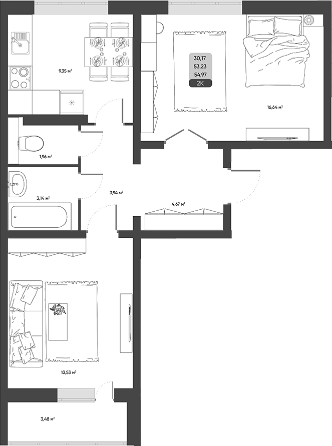 Планировка 2-к. квартира 53.23 м² в ЖК «ПараПарк. Томск»