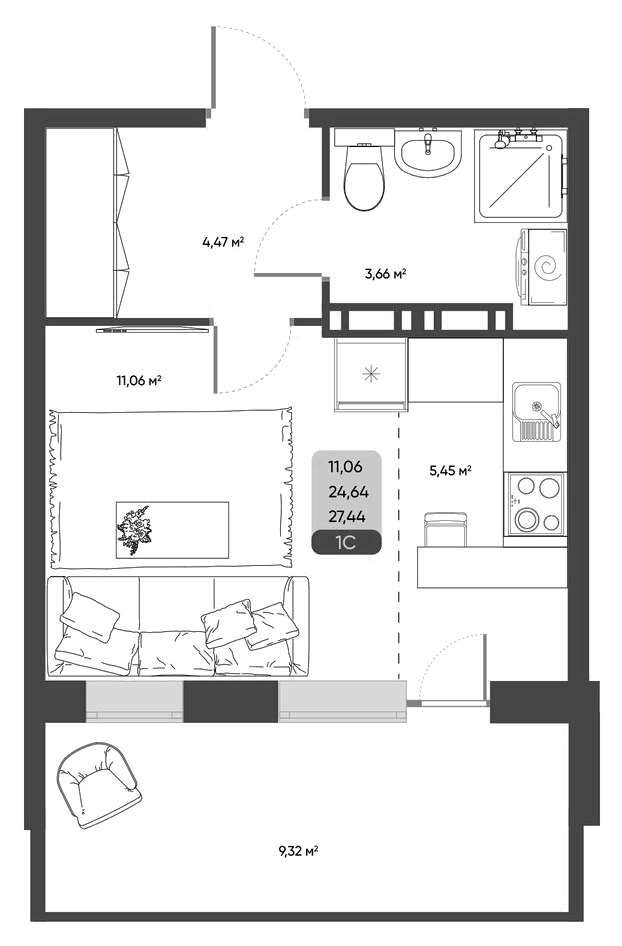 Планировка студии 24.64 м² в ЖК «ПараПарк. Томск»